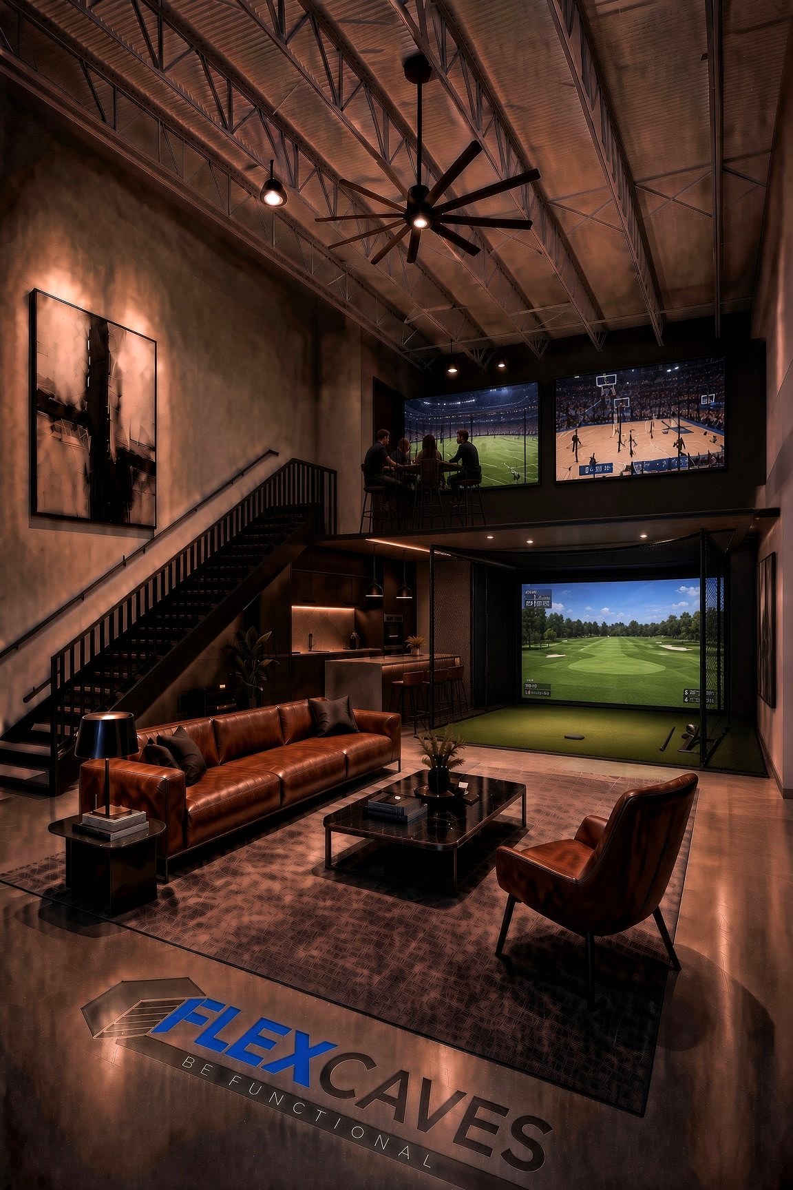PrimeCave lounge with golf simulator and mezzanine